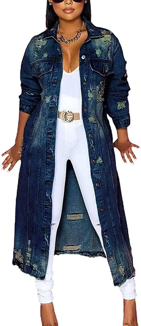 sysinside Womens Distressed Ripped Denim Trench Coat Casual Slim Button Down Washed Long Jean Jacket (Dark Blue,Large)