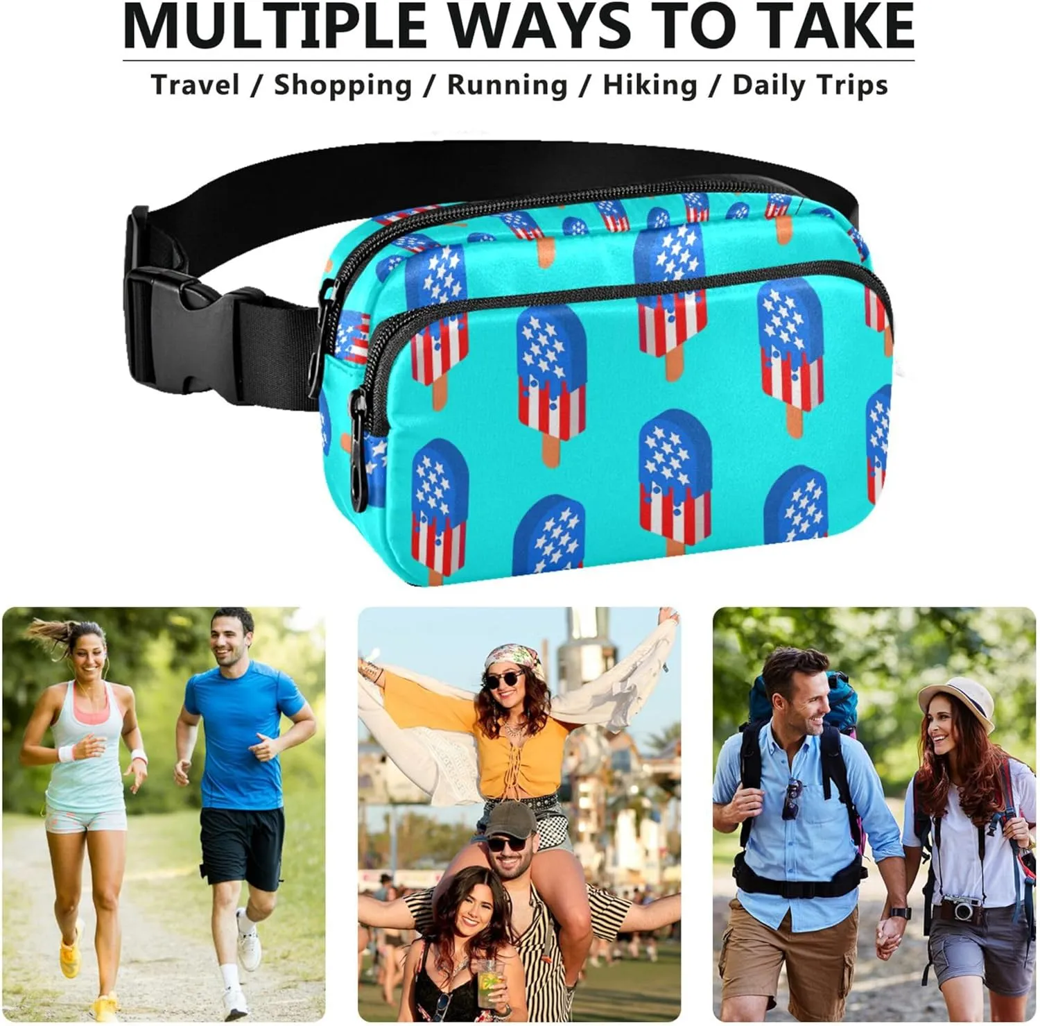 USA Ice Cream Patriotic Blue Waterproof Women Fanny Pack Belt Bags Hip Pack Bright Colored Waist Bag for Women