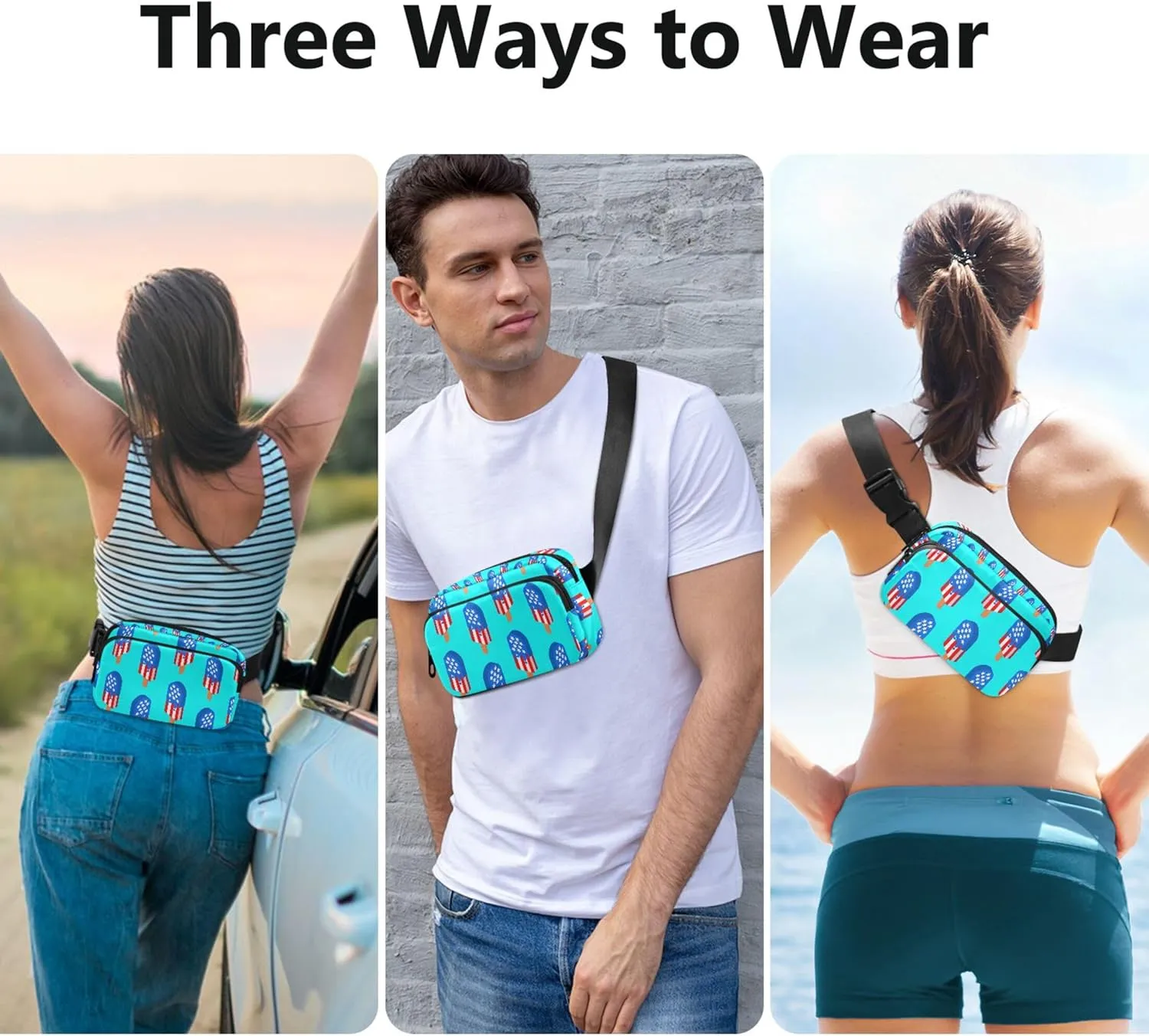 USA Ice Cream Patriotic Blue Waterproof Women Fanny Pack Belt Bags Hip Pack Bright Colored Waist Bag for Women