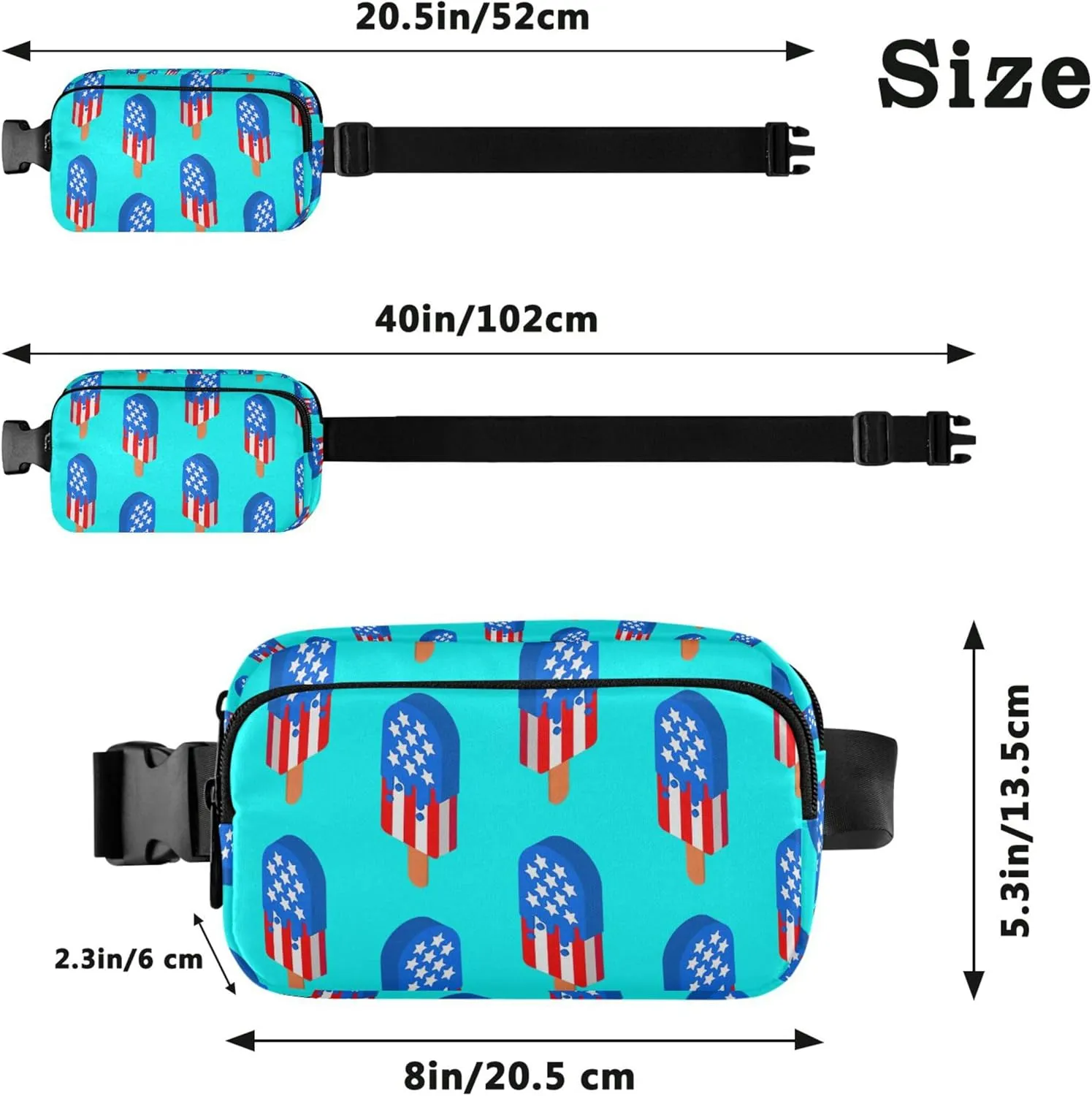 USA Ice Cream Patriotic Blue Waterproof Women Fanny Pack Belt Bags Hip Pack Bright Colored Waist Bag for Women