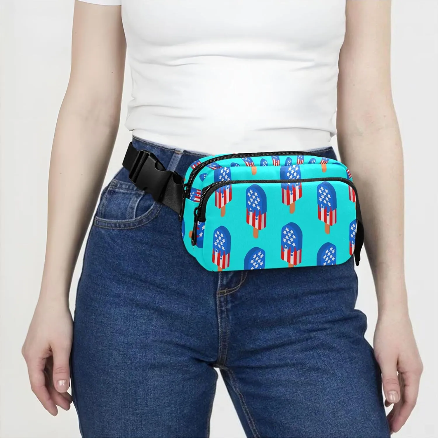 USA Ice Cream Patriotic Blue Waterproof Women Fanny Pack Belt Bags Hip Pack Bright Colored Waist Bag for Women