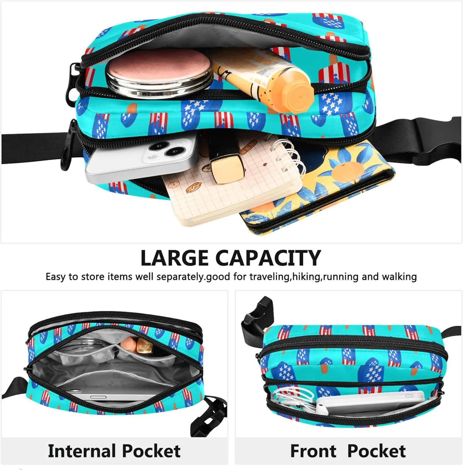 USA Ice Cream Patriotic Blue Waterproof Women Fanny Pack Belt Bags Hip Pack Bright Colored Waist Bag for Women