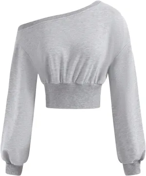 Verdusa Women's Crop Tops Off The Shoulder Top Long Sleeve Shirts Cropped Sweatshirt Y2k Trendy Pullovers