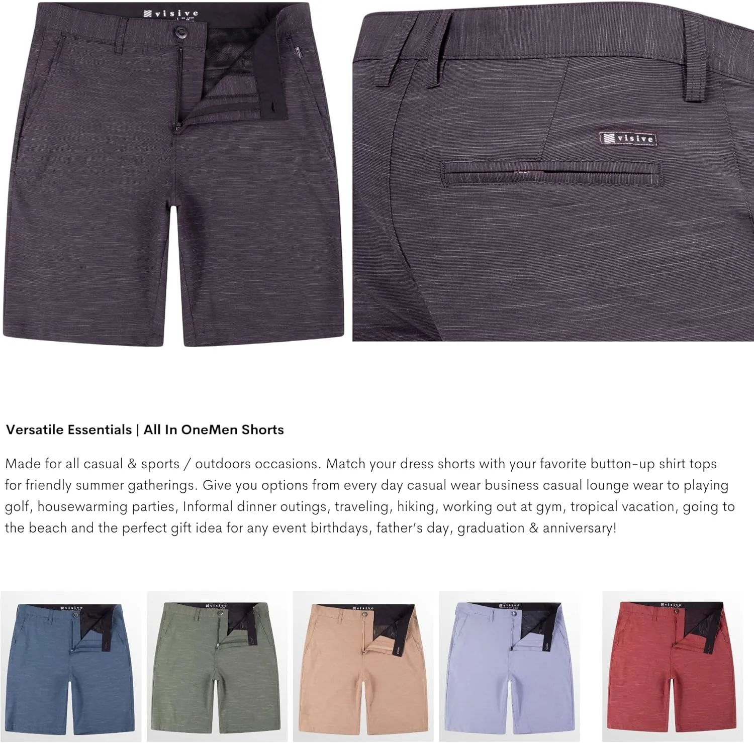 Visive Mens Shorts for Men, Hybrid Casual Golf Dress Flat Front Quick Dry Stretch Board Shorts, Lightweight Chino Short