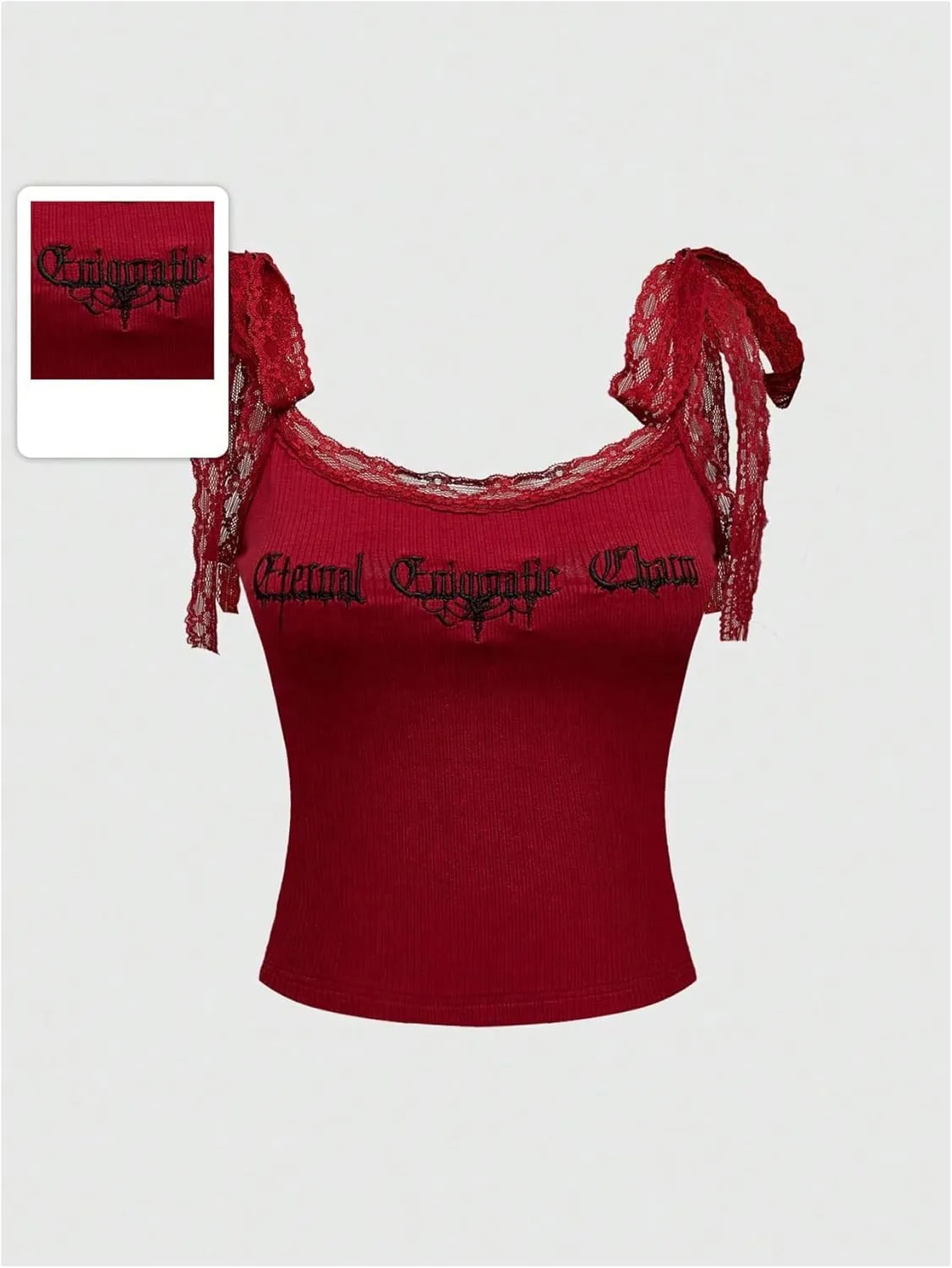 WDIRARA Women's Letter Embroidered Cami Top Tie Shoulder Sleeveless Camisole Gothic Lace Crop Tops
