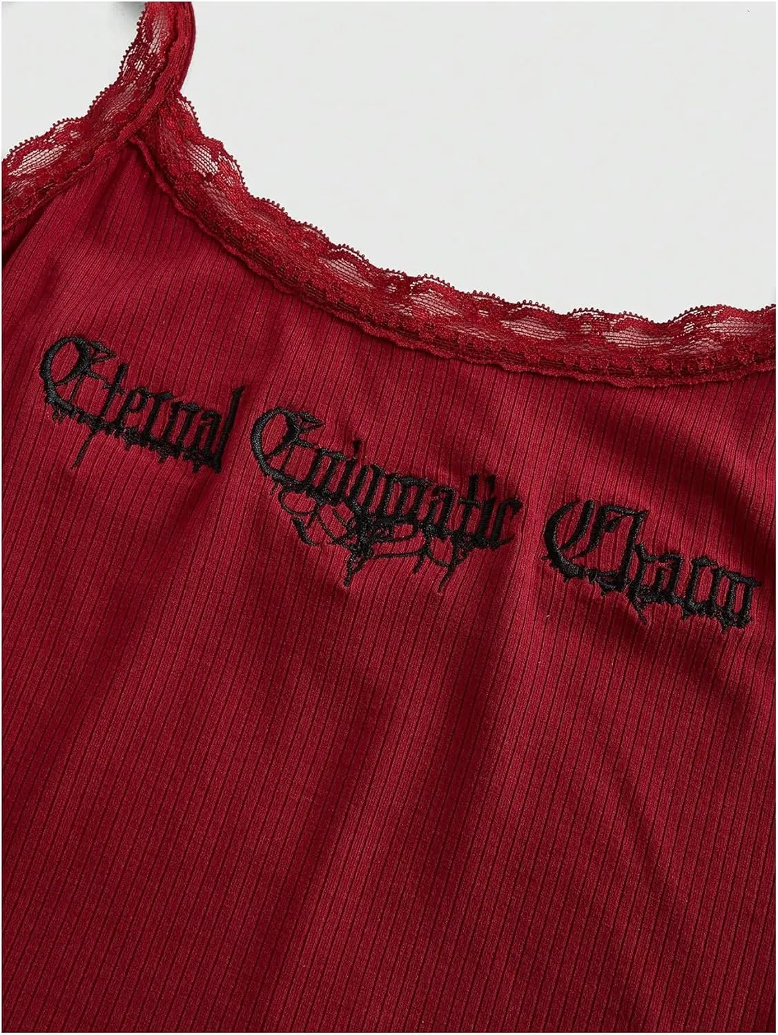 WDIRARA Women's Letter Embroidered Cami Top Tie Shoulder Sleeveless Camisole Gothic Lace Crop Tops