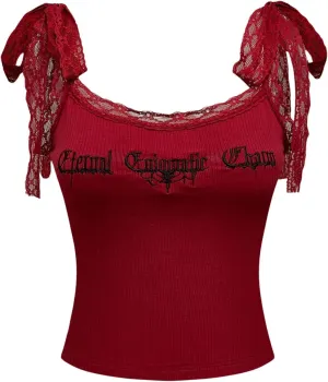 WDIRARA Women's Letter Embroidered Cami Top Tie Shoulder Sleeveless Camisole Gothic Lace Crop Tops