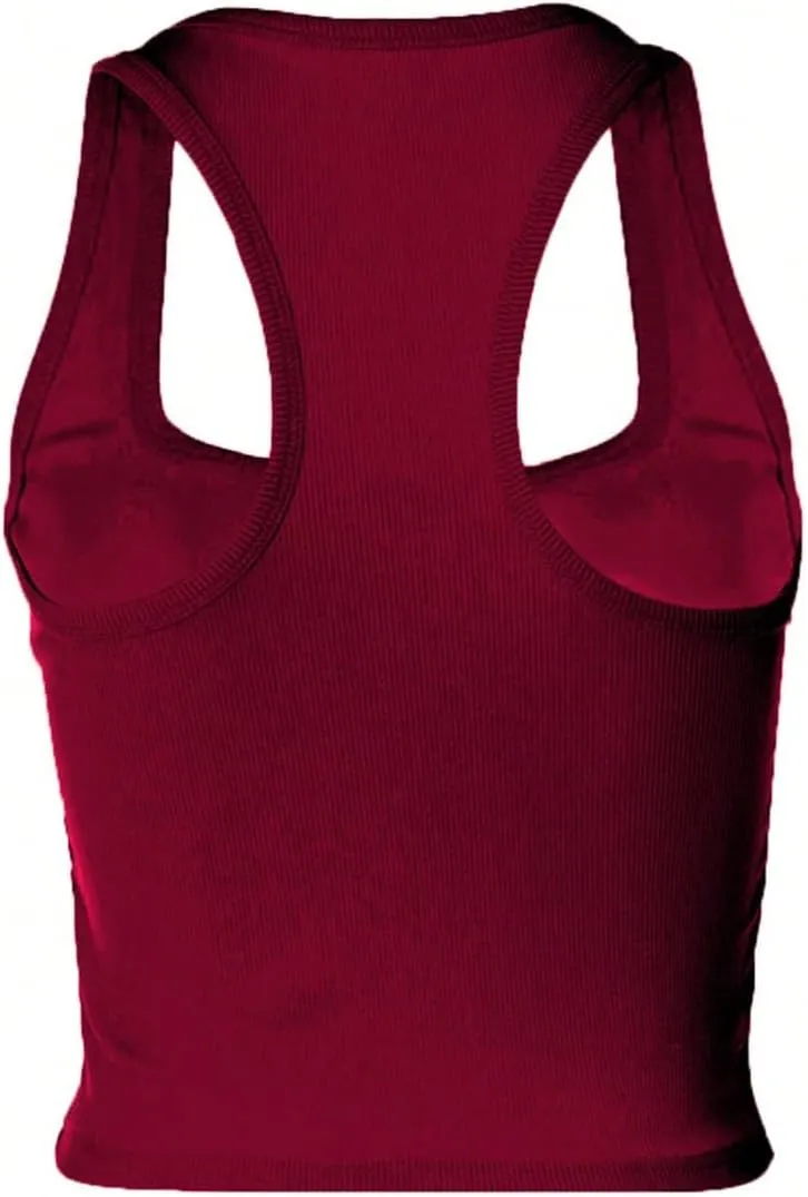 WDIRARA Women's Letter Rhinestone Racerback Crop Tank Top Y2k Square Neck Sleeveless Rib Knit Tops