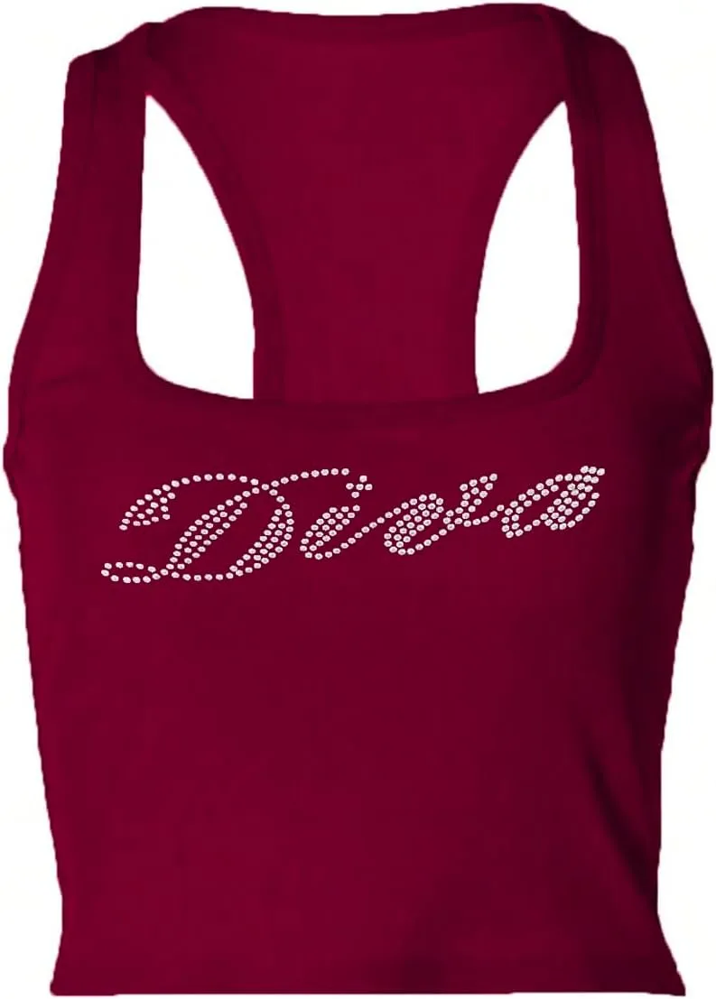 WDIRARA Women's Letter Rhinestone Racerback Crop Tank Top Y2k Square Neck Sleeveless Rib Knit Tops