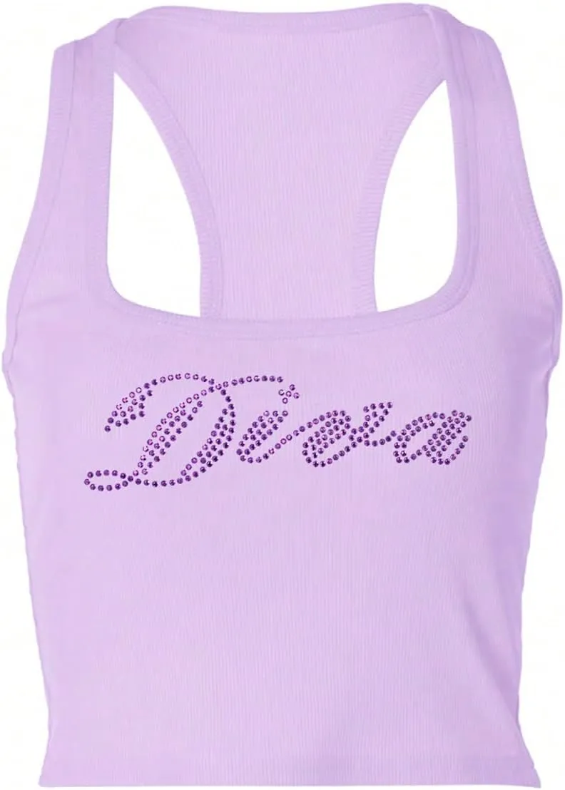WDIRARA Women's Letter Rhinestone Racerback Crop Tank Top Y2k Square Neck Sleeveless Rib Knit Tops