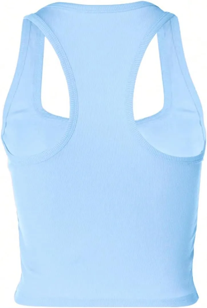 WDIRARA Women's Letter Rhinestone Racerback Crop Tank Top Y2k Square Neck Sleeveless Rib Knit Tops
