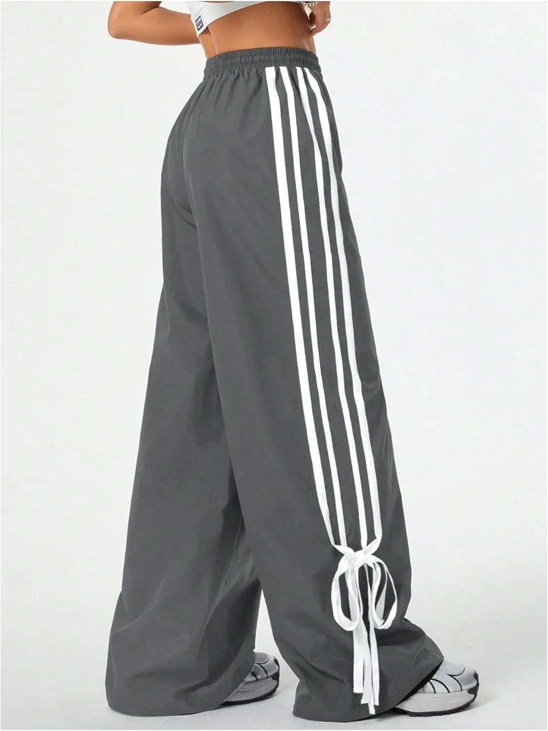 WDIRARA Women's Side Striped Bowknot Track Streetwear Pant Drawstring Waist Wide Leg Long Pants Workout