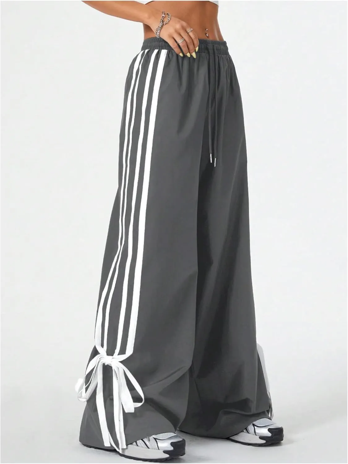 WDIRARA Women's Side Striped Bowknot Track Streetwear Pant Drawstring Waist Wide Leg Long Pants Workout
