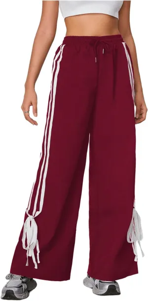 WDIRARA Women's Side Striped Bowknot Track Streetwear Pant Drawstring Waist Wide Leg Long Pants Workout