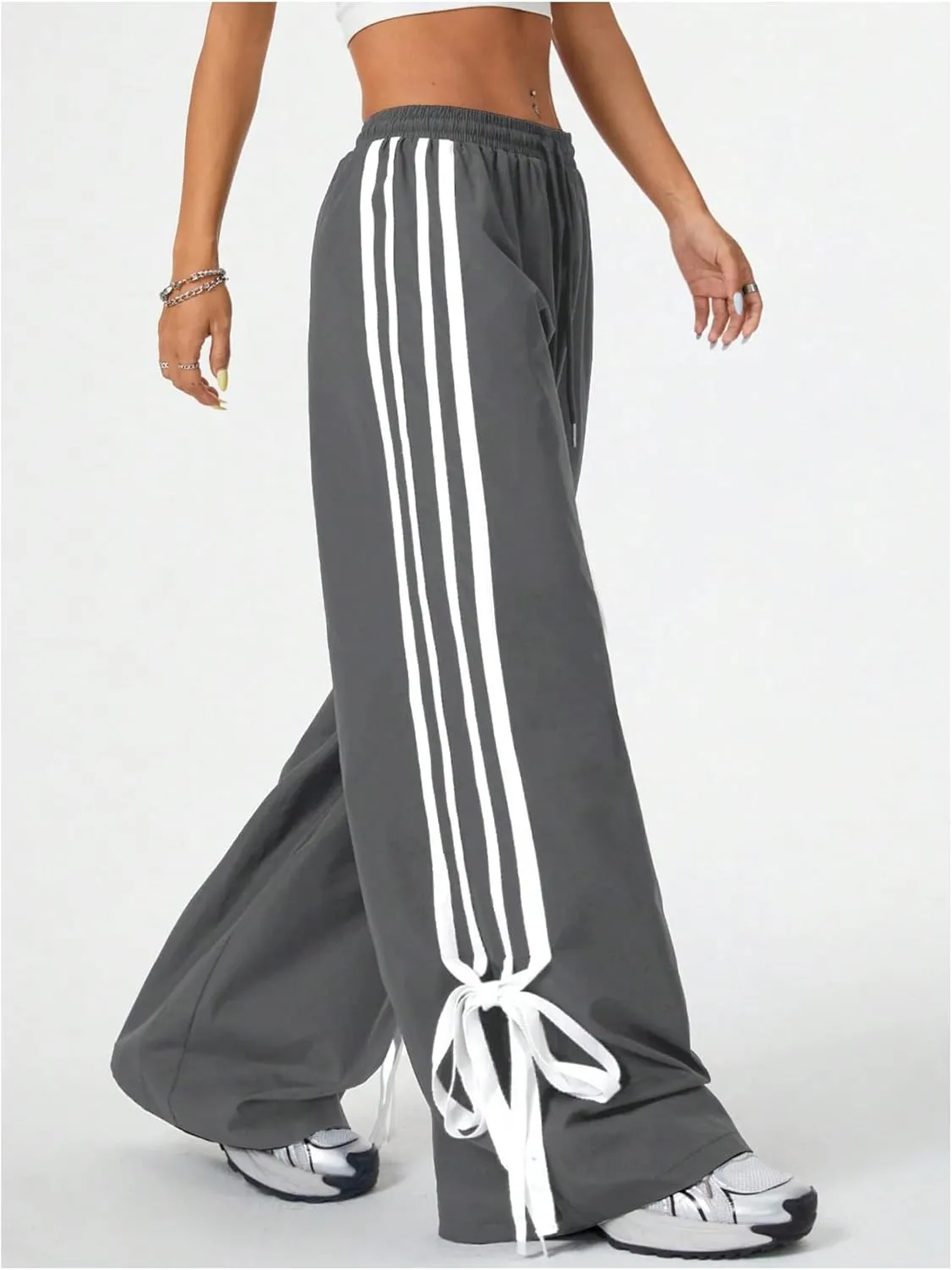 WDIRARA Women's Side Striped Bowknot Track Streetwear Pant Drawstring Waist Wide Leg Long Pants Workout