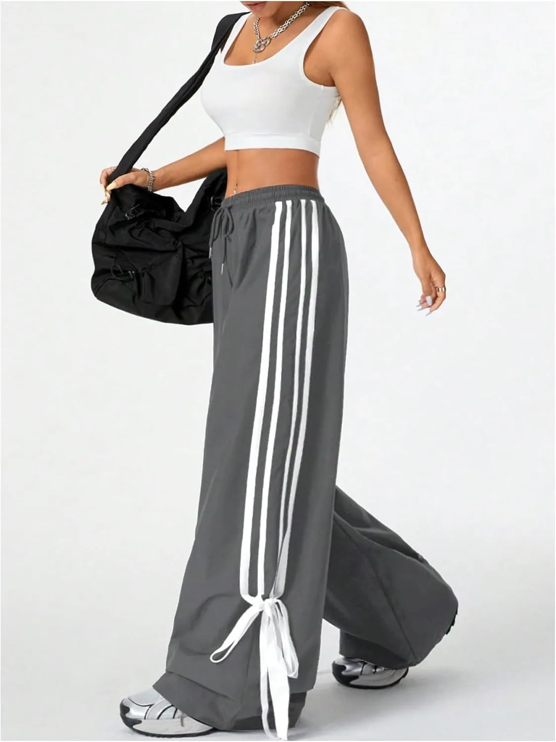 WDIRARA Women's Side Striped Bowknot Track Streetwear Pant Drawstring Waist Wide Leg Long Pants Workout