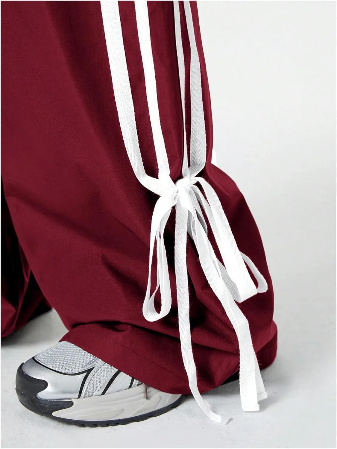 WDIRARA Women's Side Striped Bowknot Track Streetwear Pant Drawstring Waist Wide Leg Long Pants Workout