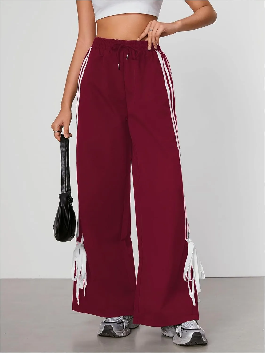 WDIRARA Women's Side Striped Bowknot Track Streetwear Pant Drawstring Waist Wide Leg Long Pants Workout