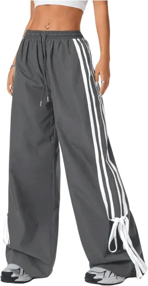 WDIRARA Women's Side Striped Bowknot Track Streetwear Pant Drawstring Waist Wide Leg Long Pants Workout