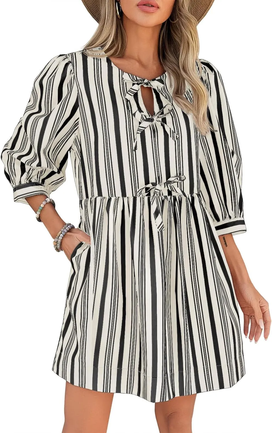 Wenrine Women's Puff Sleeve Mini Dress Summer Casual Bow Tie Crewneck Striped Loose Flowy Beach Dresses