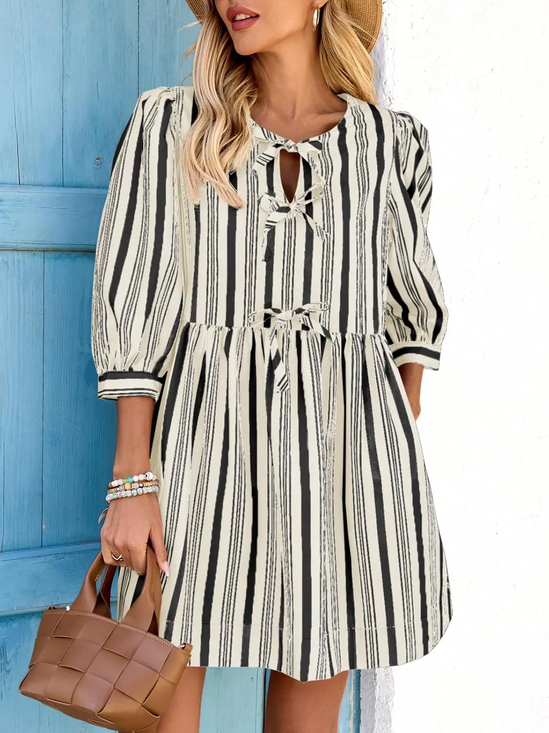 Wenrine Women's Puff Sleeve Mini Dress Summer Casual Bow Tie Crewneck Striped Loose Flowy Beach Dresses