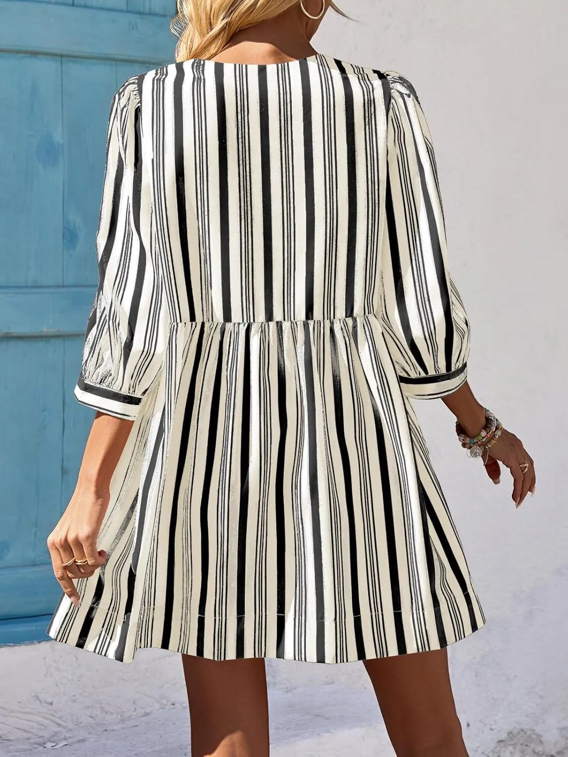 Wenrine Women's Puff Sleeve Mini Dress Summer Casual Bow Tie Crewneck Striped Loose Flowy Beach Dresses