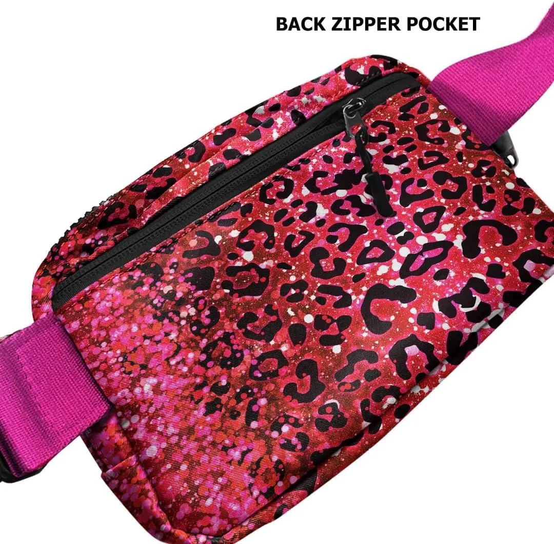 WIRESTER Unisex Waist Belt Bag with Adjustable Strap, Fashionable Crossbody Fanny Pack Bag For Travel Running Hiking - Hot Pink Glitter Sparkle With Black Pink Glitter Leopard