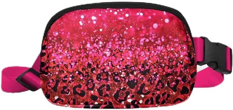 WIRESTER Unisex Waist Belt Bag with Adjustable Strap, Fashionable Crossbody Fanny Pack Bag For Travel Running Hiking - Hot Pink Glitter Sparkle With Black Pink Glitter Leopard