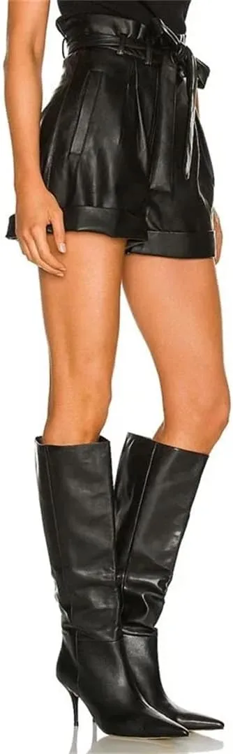 Women Black Matte Leather Shorts Vintage High Waist PU Lace Up Shorts Ladies Loose Party Hot Pants with Belt