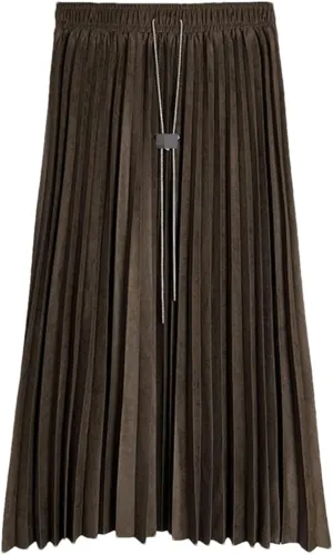 Women Drawstring Velour Black Skirt Lady Solid Color Long Midi Pleated Chain Skirts
