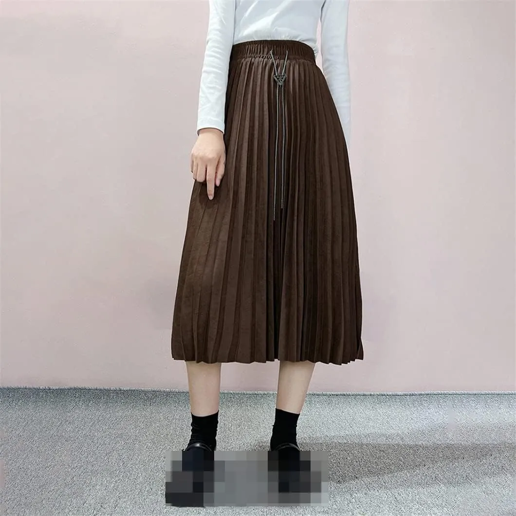 Women Drawstring Velour Black Skirt Lady Solid Color Long Midi Pleated Chain Skirts