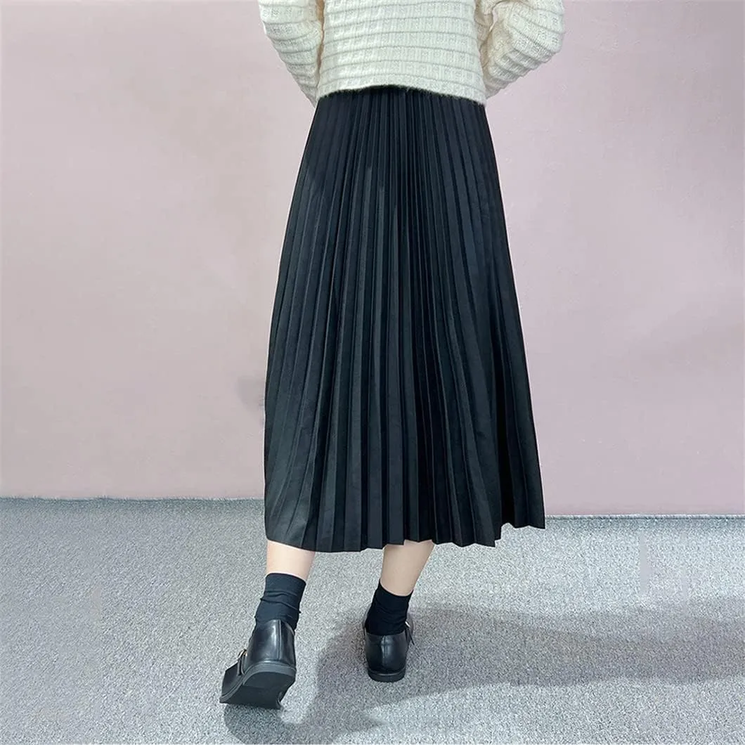 Women Drawstring Velour Black Skirt Lady Solid Color Long Midi Pleated Chain Skirts