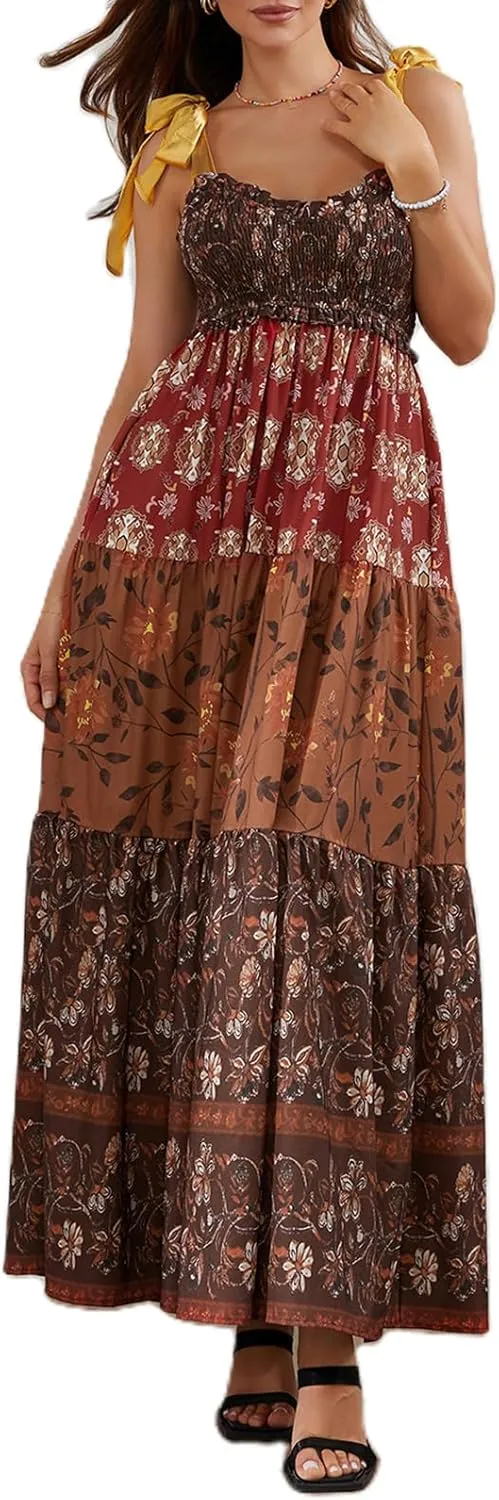Women Flowy Smocked Tie Shoulder Maxi Dress Boho Summer Beach Floral Long Dress Y2K Sleeveless Square Neck Sundress
