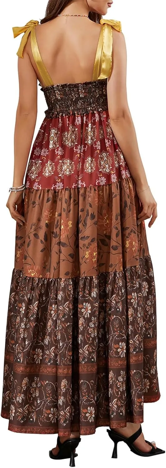 Women Flowy Smocked Tie Shoulder Maxi Dress Boho Summer Beach Floral Long Dress Y2K Sleeveless Square Neck Sundress