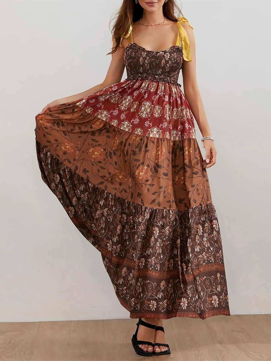 Women Flowy Smocked Tie Shoulder Maxi Dress Boho Summer Beach Floral Long Dress Y2K Sleeveless Square Neck Sundress