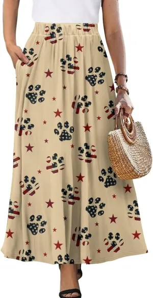 Women Pleated Skirt Polyester A-Line Printed Maxi Skirts with Pockets for Vacation Travel Parties