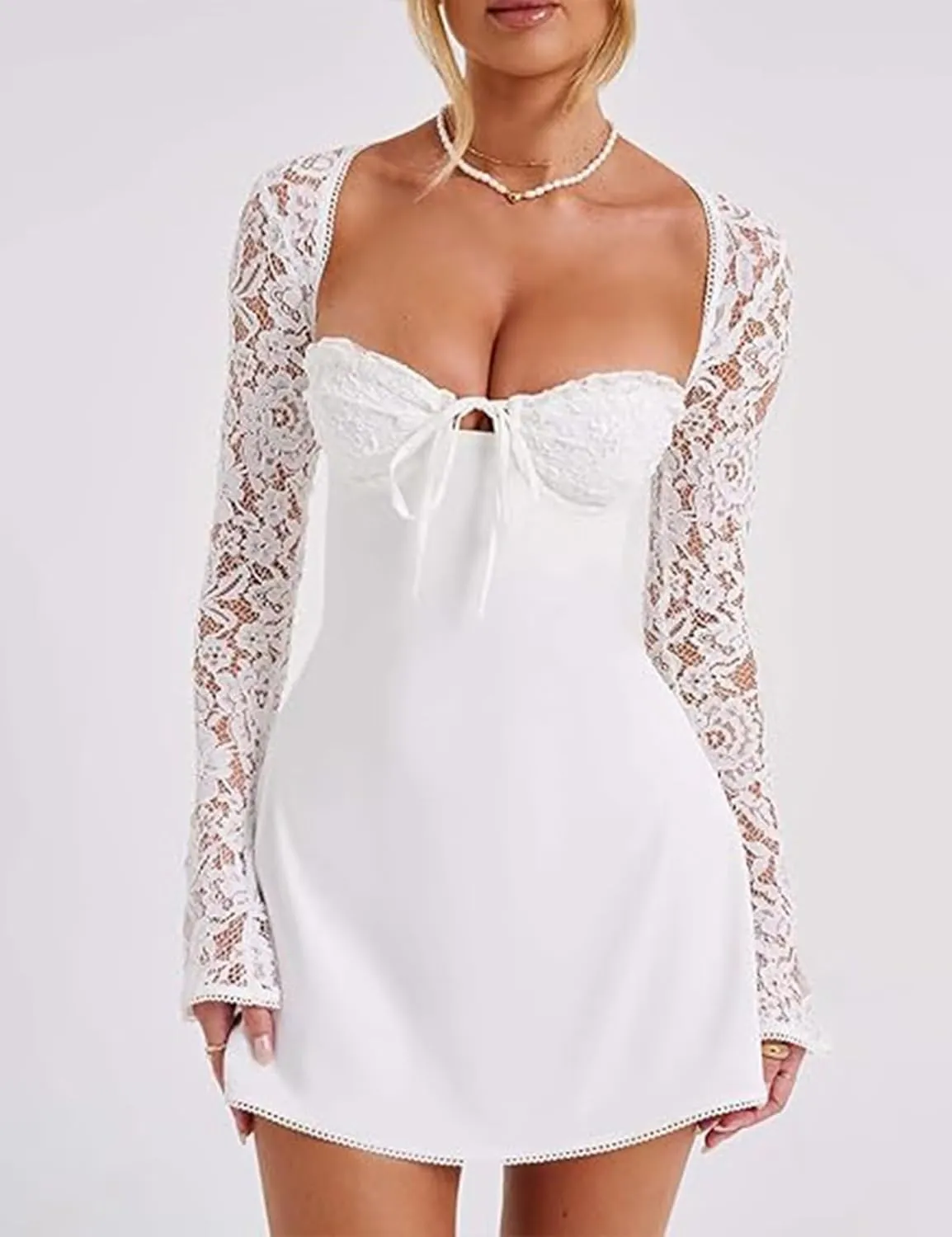 Women 's Elegant Bodycon Dress Lace Patchwork Long Sleeve Low Cut Mini Dress Backless Tie-up Going Out Dress