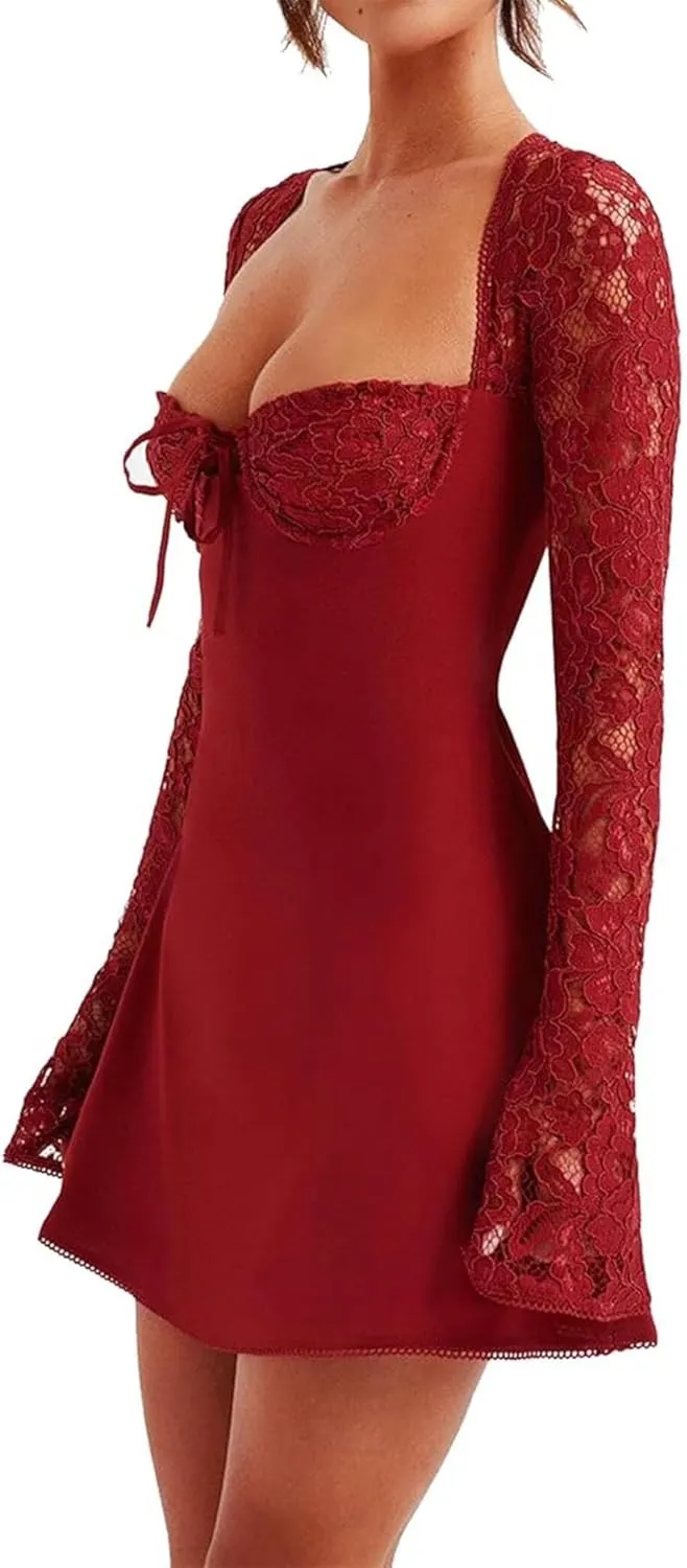 Women 's Elegant Bodycon Dress Lace Patchwork Long Sleeve Low Cut Mini Dress Backless Tie-up Going Out Dress