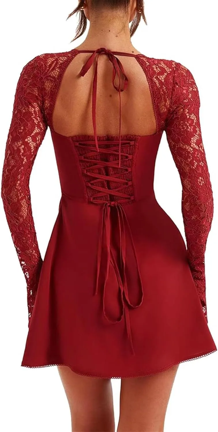 Women 's Elegant Bodycon Dress Lace Patchwork Long Sleeve Low Cut Mini Dress Backless Tie-up Going Out Dress