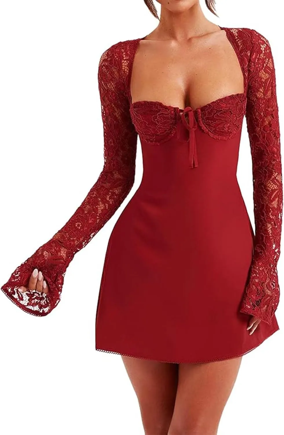 Women 's Elegant Bodycon Dress Lace Patchwork Long Sleeve Low Cut Mini Dress Backless Tie-up Going Out Dress