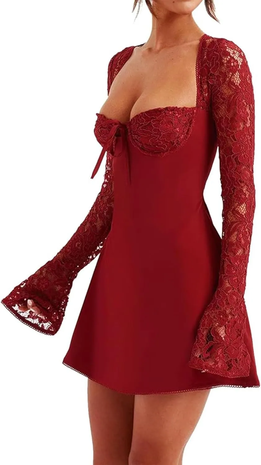 Women 's Elegant Bodycon Dress Lace Patchwork Long Sleeve Low Cut Mini Dress Backless Tie-up Going Out Dress