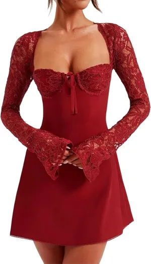 Women 's Elegant Bodycon Dress Lace Patchwork Long Sleeve Low Cut Mini Dress Backless Tie-up Going Out Dress