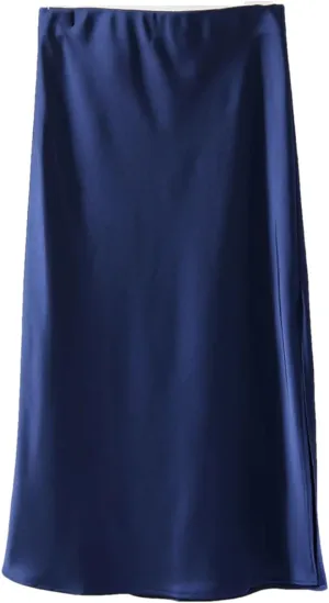 Women Satin Silk Skirt A-Line Solid Color Office High Waisted Midi Skirts with Slit