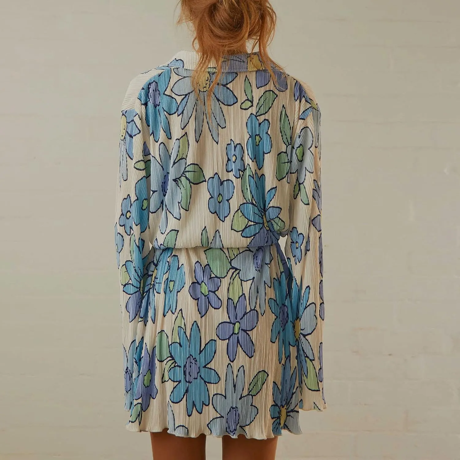 Women Shirt Dresses Long Sleeve Pleated Mini Dress Casual Button Down Tunic Tops with Belt Vintage Streetwear