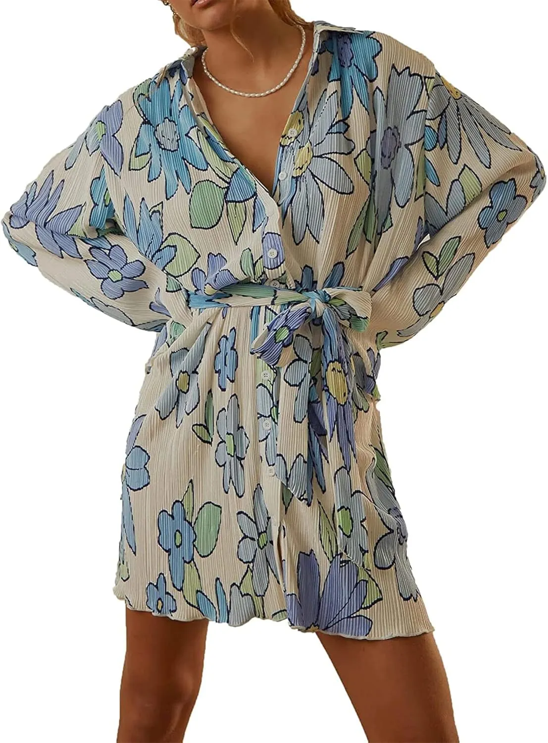 Women Shirt Dresses Long Sleeve Pleated Mini Dress Casual Button Down Tunic Tops with Belt Vintage Streetwear