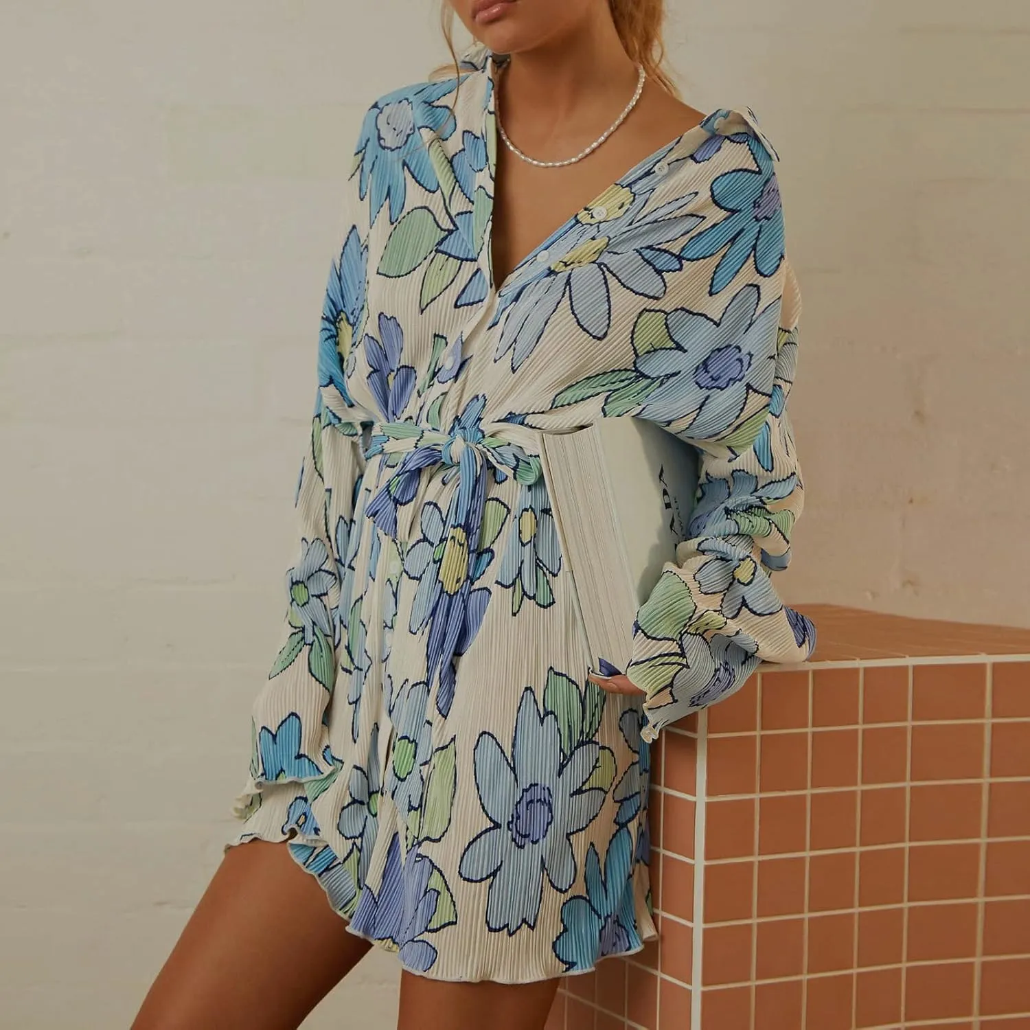 Women Shirt Dresses Long Sleeve Pleated Mini Dress Casual Button Down Tunic Tops with Belt Vintage Streetwear
