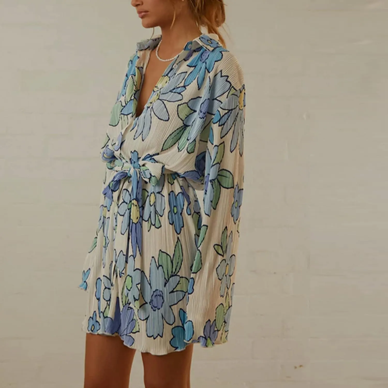 Women Shirt Dresses Long Sleeve Pleated Mini Dress Casual Button Down Tunic Tops with Belt Vintage Streetwear