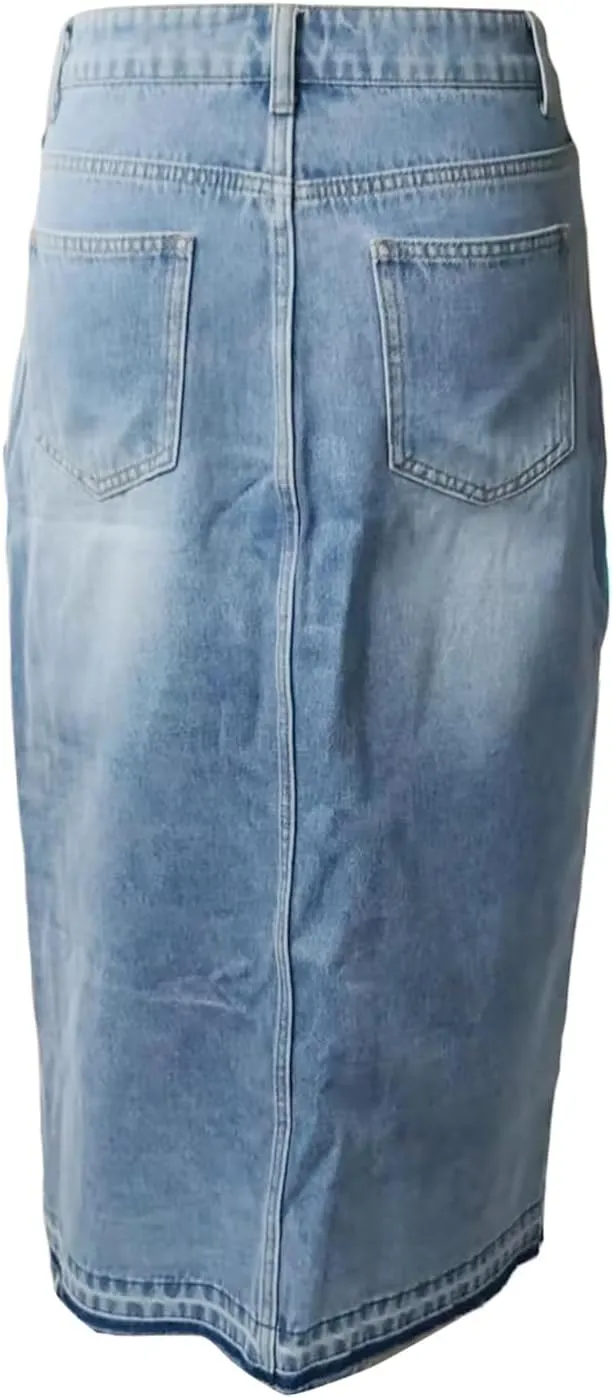 Women Summer Casual High Waisted Denim Skirt Y2k Wrap Split Front Maxi Skirt Long Jean Skirt with Pocket