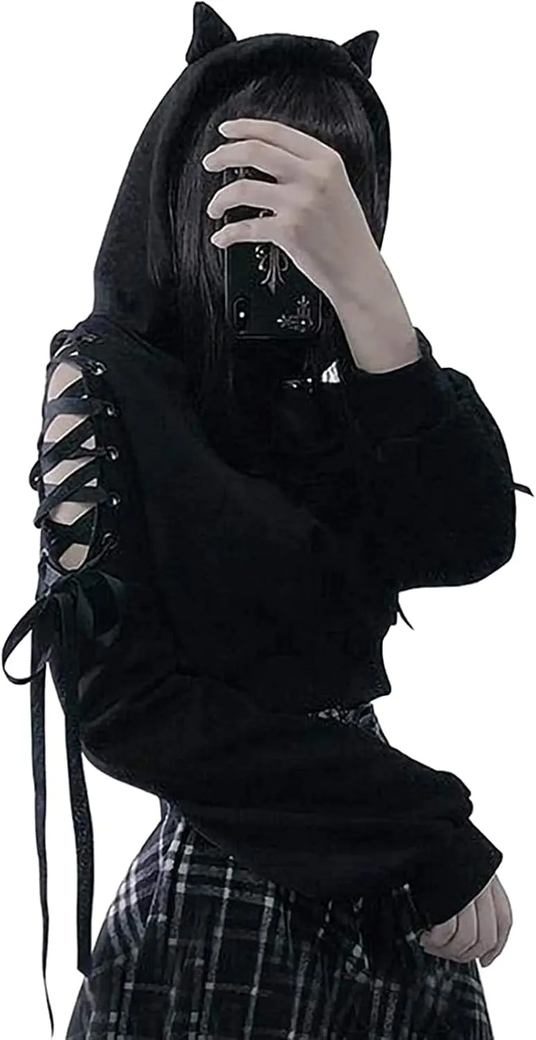 Women Y2K Hoodie Jacket Long Sleeve Graphic Zip Up Hoodie 90s Vintage Hooded Sweatshirt Tops E-Girls Streetwear