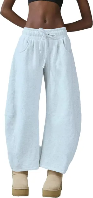 Womens Barrel Leg Sweatpant Mid Rise Elastic Waist Drawstring Casual Baggy Wide Leg Pants with Pockets